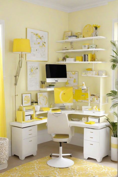 home office design,home decor ideas,interior decorating ideas,office space design Yellow Office Ideas, Productive Workspace, Yellow Office, Office Paint, Color Home, Lemon Chiffon, Warm Undertone, Color Psychology, Complementary Colors