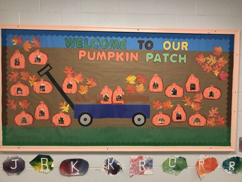 Fall Pumpkin Patch with Pumpkins, Childs Faces, and Wagon Pumpkin Patch Display Board, Pumpkin Patch Birthday Bulletin Board, Pumpkin Patch Kindergarten, Pumpkin Patch Decorating Ideas Classroom, Pumpkin Patch School Decoration, Class Pumpkin Patch, Pumpkin Patch Board Bulletin, Bulletin Board Ideas Fall Theme, Welcome To Our Pumpkin Patch Bulletin