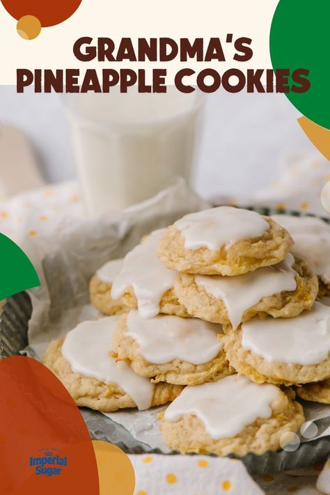 Grandma knew what she was doing when she made cookies. Grandma’s Pineapple Cookies are soft, chewy, cake-like pineapple cookies full of pineapple flavor. Add a generous amount of pineapple glaze and these are a nice change to your usual cookie rotation. For more Christmas Cookie recipes and ideas visit ImperialSugar.com and pin your favorites! Made this recipe? Show us! #imperialsugar #holidayrecipes #holidaybaking Chewy Cake, Christmas Cookie Exchange Party, Summer Cookie Recipes, Apple Cider Cookies, Chocolate Drop Cookies, Spice Sugar Cookies, Pineapple Cookies, Pineapple Glaze, Alphabet Cookies