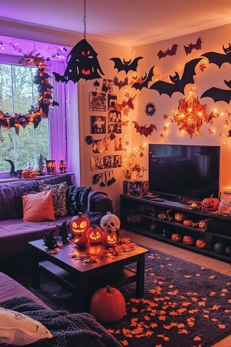 Want to add Halloween spirit to your living room? Whether you're hosting a party or just celebrating the season, the right decorations can make a big impact. Here are 21 creative Halloween decoration ideas to transform your space. Classy, Farmhouse, simple, cute, cozy, homemade, modern, vintage, elegant, ideas, party, traditional, minimalist, DIY, indoor. Fall And Halloween Aesthetic Decor, Living Room Decorated For Halloween, Halloween Themed House Decor, Interior Design Halloween, Simple Halloween Party Decorations, Halloween Party Set Up Ideas, Easy Halloween Home Decor, Traditional Halloween Decorations, House Halloween Decorations Indoor