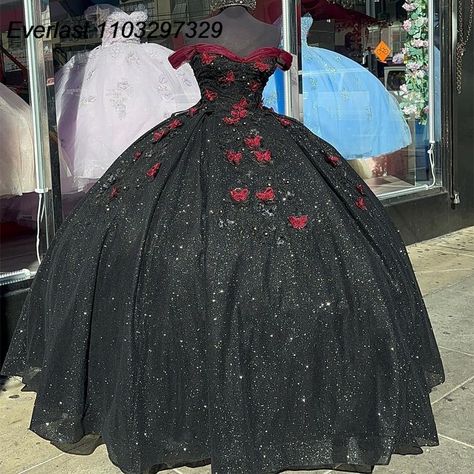 EVLAST Black Red Quinceanera Dress Ball Gown Lace Applique Beaded Crystal With Cape Mexico Sweet 16 Green And Black Quinceanera Dress, Butterfly Quinceanera Dress, Black Quince Dress, Red Quince Dress, Quince Inspiration, Black Quince Dresses, Quinceanera Dresses Black, Black Quince, Dress Sweet 16