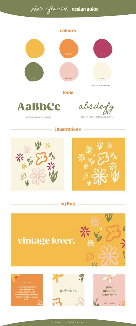 Floral Instagram Illustration Retro for The Design Day. #illustration #flowers #retro #vintage #branding Vintage Floral Color Palette, Vintage Floral Fashion, Flower Business Branding, Branding Design Elements, Cottagecore Branding Design, Moodboard For Branding, Happy Branding Design, Brand Package Design, Retro Logo Ideas