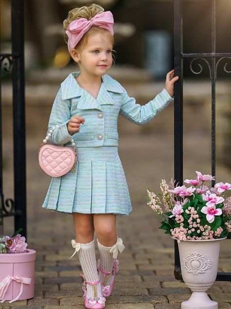 Cute Girl Outfits Kids, Kids Outfit Girl, Cute Preppy Outfits For School, Blazer And Pleated Skirt, Pleated Skirt Set, Child Clothes, Tweed Set, Toddler Flower Girls