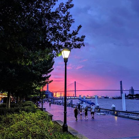 A beautiful sunset shot of River Street #savannah #riverstreet #georgia #southerntravel Southern Travel, Visit Savannah, Street Musician, Tybee Island, Photo Site, Savannah Georgia, World Photo, Savannah Ga, Beautiful Sunset