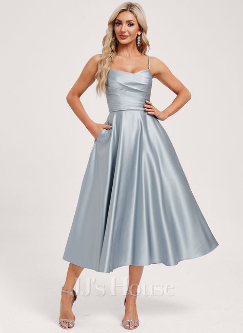 JJ's House A Line Midi Dress Formal, Teal Bridesmaid, Cocktail Dresses With Sleeves, Midi Bridesmaid Dress, Satin Bridesmaid Dress, Prom Dress Shoes, Chiffon Cocktail Dress, Satin Homecoming Dress, Tulle Homecoming Dress