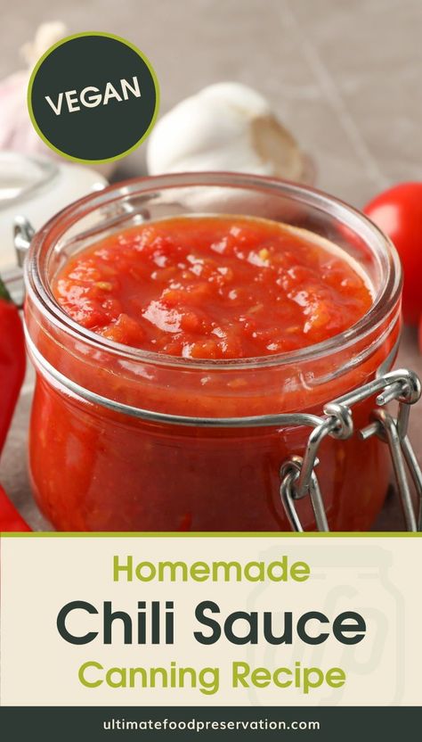 Learn how to make chili sauce at home with this vegan red chili sauce recipe that's prefect for hotdogs and burgers. This easy homemade sauce recipe includes instructions on how to can chili sauce using the water bath canning method. | More homemade sauce recipes at ultimatefoodpreservation.com #homemadesaucerecipe #canningpeppers #canningrecipes #waterbathcanner Home Made Chili Sauce, Tomato Chili Sauce Recipe, Chili Starter Canning Recipe, Chili Sauce Recipe Canning, Canning Chili, Homemade Chili Sauce, Game Night With Friends, Friends Recipe, Homestead Recipes