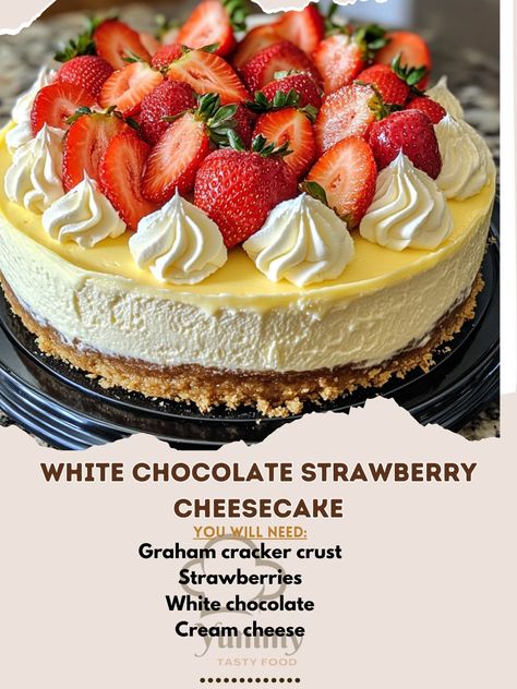 🍓🍰 Love cheesecake? Try this rich and creamy White Chocolate Strawberry Cheesecake! A slice of heaven in every bite! #StrawberryCheesecake White Chocolate Strawberry Cheesecake Ingredients: Cream cheese (16 oz) White chocolate (1/2 cup, melted) Strawberries (1 cup, sliced) Graham cracker crust (1 pre-made) Sugar (1/2 cup) Eggs (2 large) Vanilla extract (1 tsp) Heavy cream (1/4 cup) Instructions: Preheat oven to 325°F (165°C). Beat cream cheese and sugar until smooth. Add eggs, vanilla, an... Strawberry And Cream Cheesecake, White Chocolate Strawberry Cheesecake, Chocolate Strawberry Cheesecake, Cheesecake Ingredients, Cozy Fall Recipes, Strawberry Cheesecake Recipe, Strawberry And Cream, White Chocolate Strawberries, Slice Of Heaven