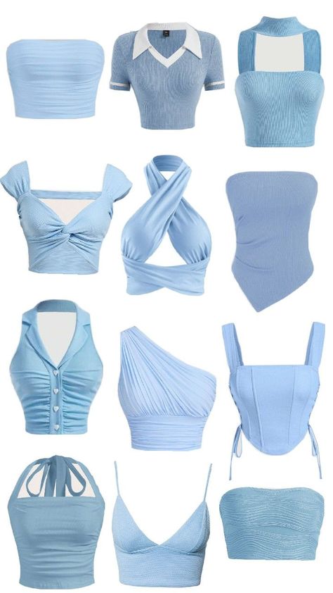 baby blue crop tops, inspiration for cute outfits🩵 Blue Core Outfits, Blue Corset Top Outfit, Blue Shirt Aesthetic, Tops Collage, Blue Crop Top Outfit, Blue Top Outfit, Baby Blue Outfit, Blue Corset Top