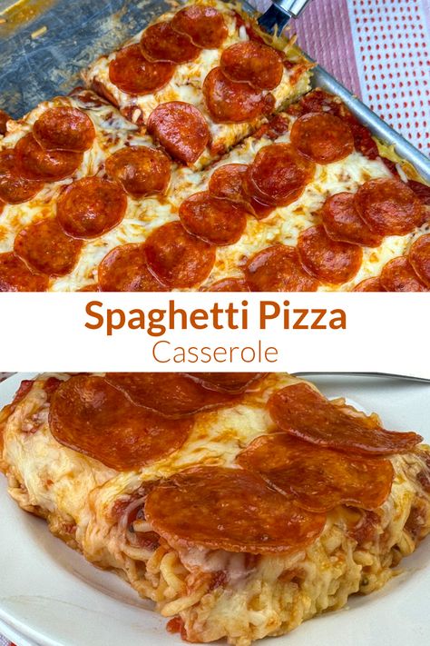 Collage of spaghetti pizza casserole Pizza Spaghetti Bake, Meat Lovers Pizza Spaghetti Bake, Pepperoni Meals, Pizzaghetti Recipe, Baked Spaghetti With Pepperoni, Pepperoni Ideas, Spaghetti Pizza Casserole, Recipe Using Spaghetti Sauce, Easy Pasta Meals