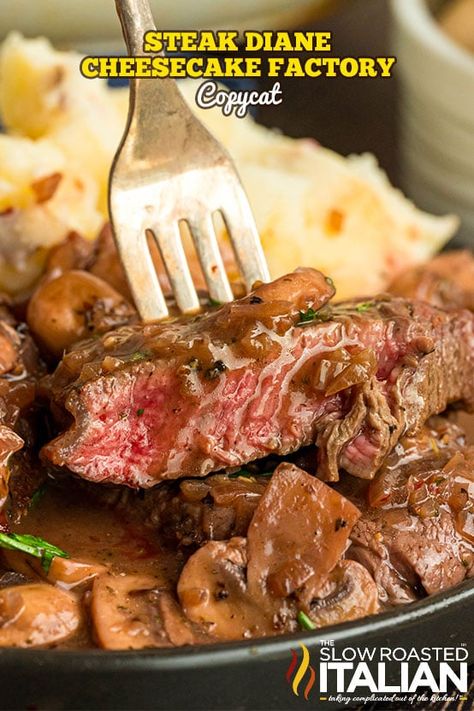 Steak Diane (Cheesecake Factory Copycat) Cheesecake Factory Steak Diane Recipe, Cheesecake Factory Steak Medallions Recipe, Steak Diane Recipe Cheesecake Factory, Steak Mushroom Sauce, Cheesecake Factory Recipe, Steak Diane Recipe, Cheesecake Factory Copycat, Slow Roasted Italian, Steak Diane