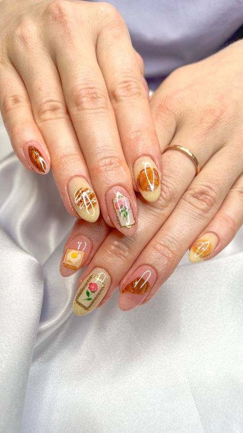 Croissant Nails, Cookie Nails, Pie Nails, Dessert Nails, Cinnamon Nails, Paris Nail Art, Pastries Bakery, Cake Nails, Practice Nails