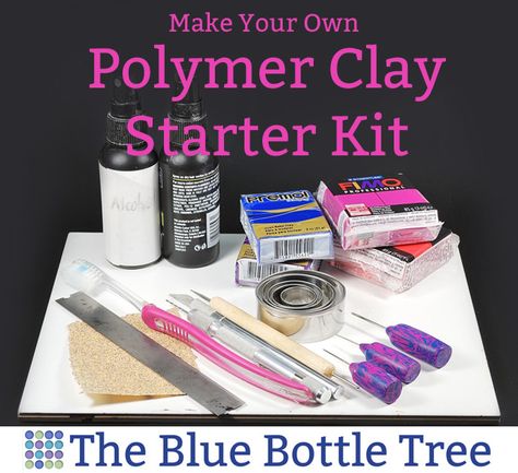 Learn to make your own polymer clay starter kit. What tools are really needed? Blue Bottle Tree, Fimo Polymer Clay, Bottle Tree, Polymer Clay Jewelry Tutorials, Polymer Clay Tools, Polymer Clay Diy, Polymer Clay Jewelry Diy, Polymer Crafts, Polymer Clay Miniatures