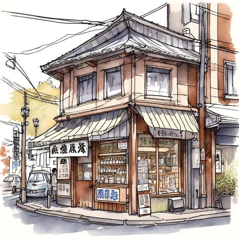 City Corner Drawing, Japanese Street Sketch, Japanese Building Sketch, Japan Building Drawing, Korean Building Drawing, Japanese Store Drawing, Japanese Shop Drawing, Japanese City Drawing, China Town Drawing