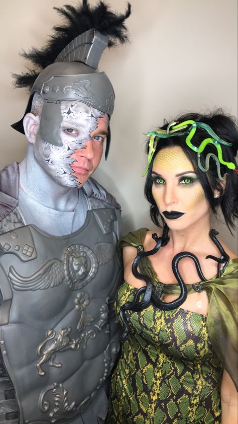 Stone Man Halloween Costume, Perseus And Medusa Costume, Creepy Duo Halloween Costumes, Turned To Stone Costume, Medusa Stone Man Costume, Medusa And Statue Costume, Medusa Costume Couple, Stone Man Costume, Stone Halloween Costume