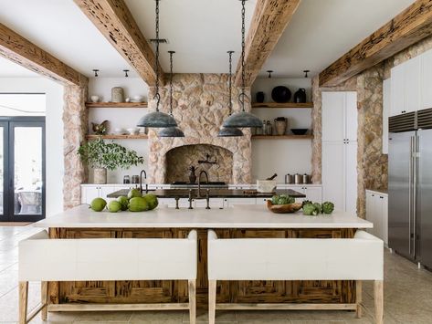 the lauren liess cabinet collection with UKB – Lauren Liess Double Island Kitchens, Kitchen With Stone, Lauren Liess, Kabinet Dapur, Stone Kitchen, Kitchen Hoods, Stone Walls, Kitchen Farmhouse, Style Deco