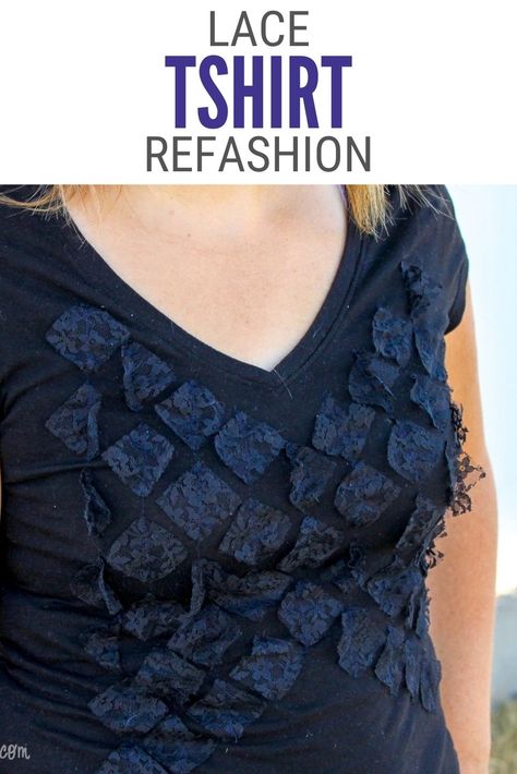 You can turn a simple black t-shirt into a stylish lace top. Click here for the step-by-step tutorial, How to Sew a Lace TShirt Refashion.#thecraftyblogstalker#tshirtrefashion#shirtrefashion#diyshirtrefashion Old Tshirt Ideas Refashioning, Diy Lace Shirt, Tshirt Refashion, Lace Tshirt, T-shirt Refashion, Handmade Inspiration, Fashion Tutorial, Shirt Refashion, Latest T Shirt