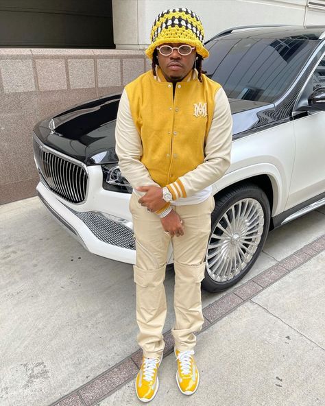 Gunna wearing Amiri Crochet Yellow Bucket Hat, Cartier Customized Cartier Glasses, Amiri Letterman Varsity Bomber Jacket, Givenchy Layered Effect Stretch Cotton Pants, Prada New America'S Cup Bike Fabric Sneakers. Prada Americas Cup Sneakers Outfit, Prada Americas Cup, Yellow Bucket Hat, Cartier Glasses, Crochet Yellow, Sneakers Outfit Men, America's Cup, Fly Outfit, Black Men Fashion Swag