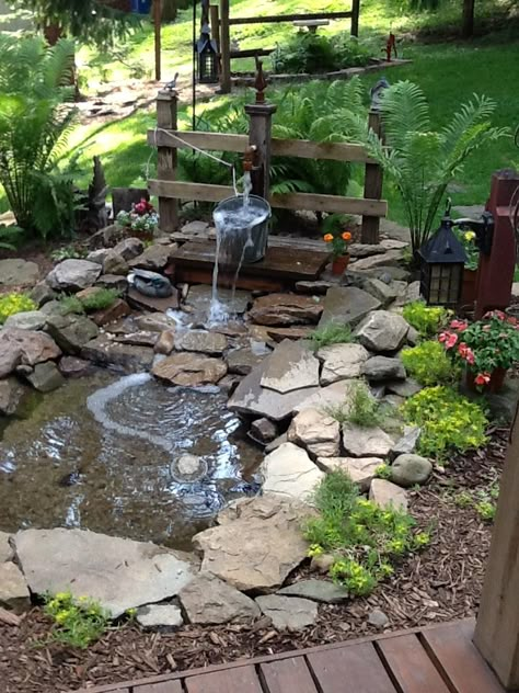 Love my pond. Kolam Koi, Amazing Backyard, Backyard Ponds, Garden Water Fountains, Fountains Backyard, Small Pond, Backyard Pond, Garden Ponds, Garden Waterfall