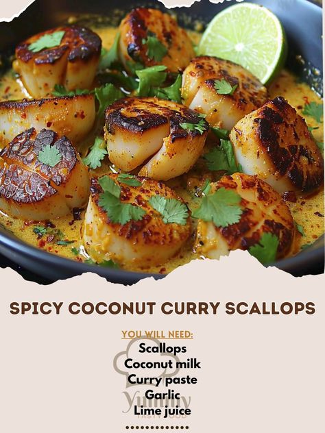 🌶️ Taste the exotic with Spicy Coconut Curry Scallops! #SeafoodMagic Spicy Coconut Curry Scallops Ingredients: Scallops (1 lb) Coconut milk (1 cup) Curry paste (2 tbsp) Garlic, minced (1 tsp) Lime juice (2 tbsp) Cilantro for garnish Instructions: Sear scallops until golden. Simmer garlic, curry paste, and coconut milk. Add scallops, lime juice, and garnish with cilantro. 🔥 A fiery, creamy delight that's sure to impress! #CurryScallops Curry Scallops, Coconut Scallops, Spicy Coconut Curry, Garlic Curry, Best Curry, Coconut Milk Curry, Scallop Recipes, Scallops Seared, Coconut Curry