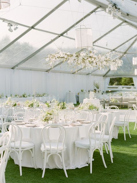 A Clear Tent Offered This Couple's Guests a View of the Stars at Their Black-Tie Wedding Garden Party Tent, Clear Tent, Martha Weddings, Garden Wedding Reception, Garden Reception, Modern Wedding Decor, All White Wedding, Wedding Tent, Bentwood Chairs