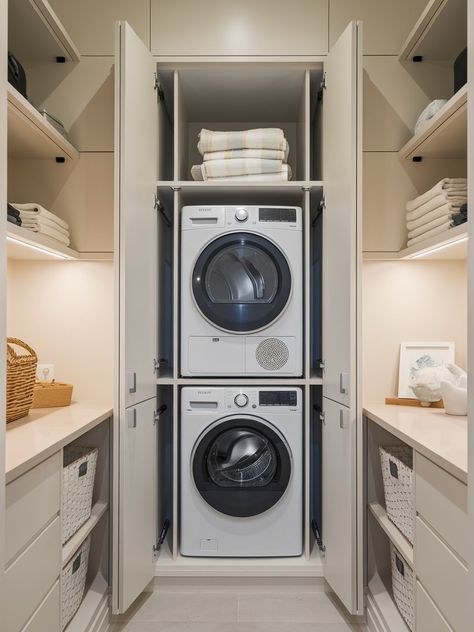 17 Stackable Small Laundry Room Ideas – The DIY Desire Stacked Washer Dryer Hallway, Concealed Stacked Washer And Dryer, Stack Washer And Dryer Laundry Closet, Small Stacked Laundry Closet, Stackable Washer Dryer In Bathroom, Small Laundry Room With Stacked Machines, Room Cabinet Design, Washer Dryer Closet, Laundry In Kitchen