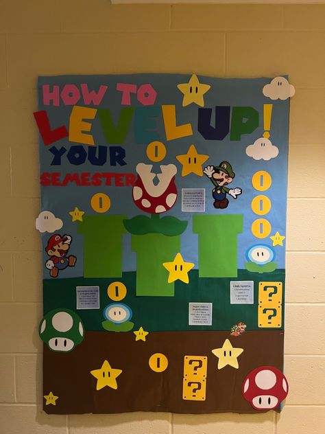 Scooby Doo Bulletin Board Ideas, Back To School Bulletin Boards College, Mario Kart Bulletin Board, College Floor Themes, Dorm Bulletin Board Ideas, Growth Bulletin Board, Events Bulletin Board, Ra Boards College, Mario Bulletin Board