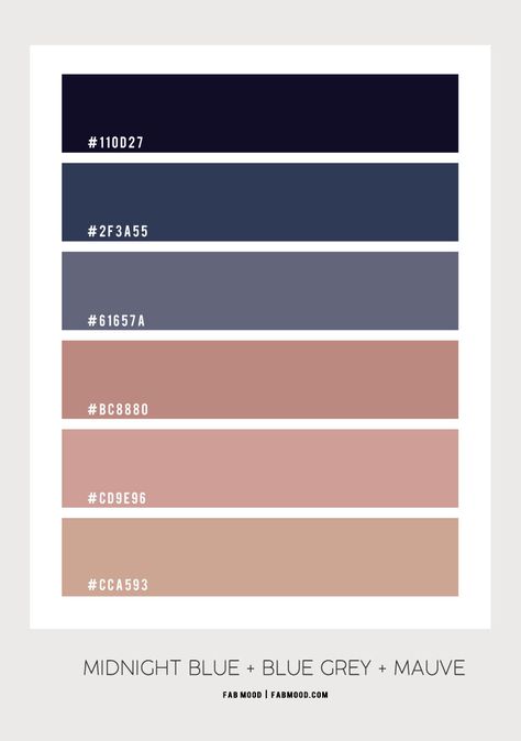 Midnight Blue, Blue Grey and Mauve Bedroom Color Scheme Mauve Wall Color, Dusty Rose And Terracotta, Midnight Blue Color Palette, Bedroom Mauve, Mauve Bedroom, Blue Scheme, Earth Tone Bedroom, Black And White Home Decor, Black And White Home