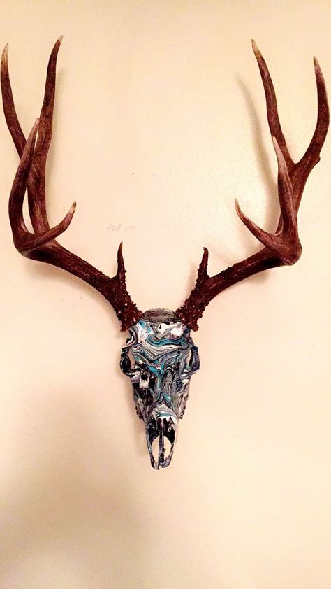 Hydro Dipped Deer Skull, Antlers Diy, Disco Desert, European Mount Ideas, European Mounts, Painted Deer Skulls, Deer Hunting Decor, Deer Skull Mount, Painted Animal Skulls