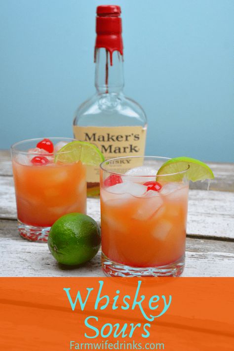 Whiskey Sours is limeade and whiskey combine and stirred in with a smidge of orange juice and grenadine. #Whiskey #Whisky #WhiskeySours #Cocktails #Cocktail Makers Mark Cocktails, Whiskey Sour Punch, Whiskey Sour Recipe, Liquid Lunch, Cocktail Recipes Whiskey, Whisky Sour, Bourbon Drinks, Gentleman Jack, Whiskey Sour