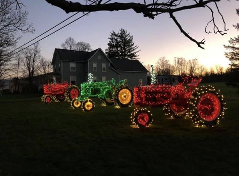 Tractor With Christmas Lights, Tractor Christmas Lights, Christmas Lights On Tractor, Tractor Decorated For Christmas, Christmas Hayride, Christmas Mailbox Decorations, Mailbox Decorations, Tractor Decor, Christmas Tractor