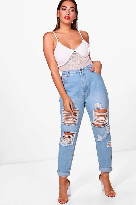 Womens Blue Plus  All Over Ripped Jean Jeans For Big Belly, Best Ripped Jeans, Ripped Jeans Plus Size, Latest Jeans, Ripped Boyfriend Jeans, Jeans Plus Size, Straight Cut Jeans, Trendy Swimwear, Big Belly