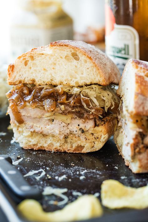 Pork Tenderloin Sandwich | thecozyapron.com Braised Onions, Sauerkraut Sandwich, Tenderloin Sandwich, Pork Tenderloin Sandwich, Roast Beef Sandwich, Tenderloin Roast, Leftover Pork, Pork Sandwich, Stuffed Pork Tenderloin