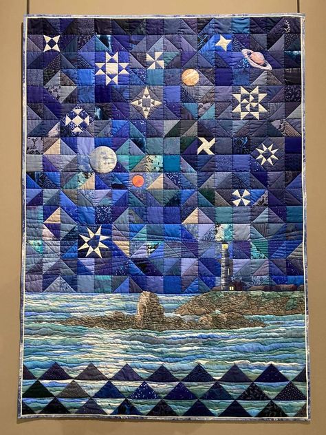 Night Sky Quilt, Fantasy Quilt, Lighthouse Quilt, Galaxy Quilt, Seascape Quilts, Quilting Art, Space Quilt, Ocean Quilt, Sky Quilt