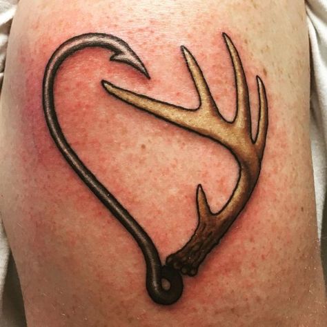 Deer Antler Fish Hook Tattoo, Fish Hook And Deer Antler Tattoo, Fish Hook Tattoo Women, Fish Hook Tattoos, Fishhook Tattoo, Hunter Tattoo Ideas, Fishing Tattoo Ideas, Fish Hook Tattoo, Hunting Fishing Tattoo