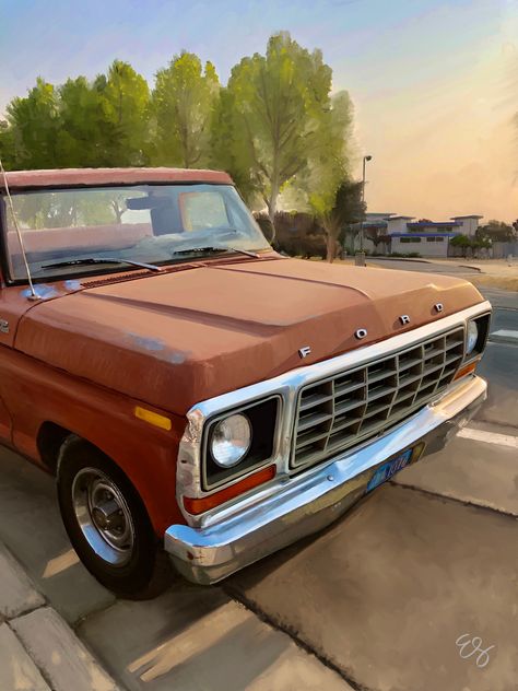 A digital painting of a vintage Ford Truck. Orange Pickup Truck, Truck Painting, 79 Ford Truck, Old Vintage Cars, Old Ford Trucks, Classic Ford Trucks, Old Pickup, Jacked Up Trucks, Classic Pickup Trucks