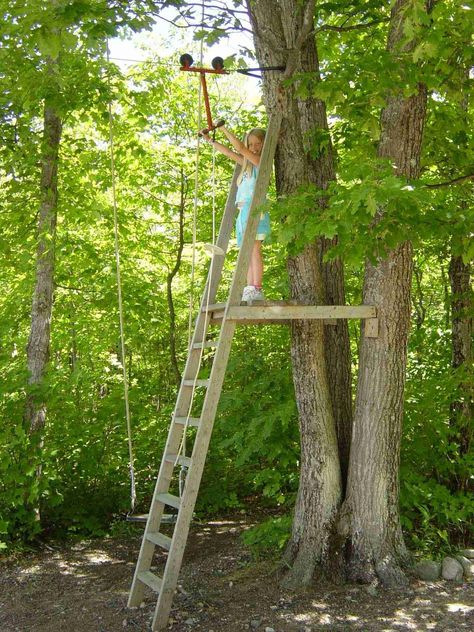 Kids Zipline, Zip Line Backyard, Kids Forts, Tree Fort, Backyard Playhouse, Tree House Kids, Zip Line, Natural Playground, Backyard Playground