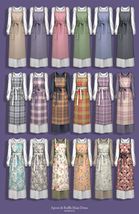 [RIMINGS] Apron & Ruffle Maxi Dress | Patreon Sims 4 Clothes Cottagecore, Sims 4 Picnic Cc, Sims 4 Apron Cc, Sims 4 Apron, Fairycore Sims 4 Cc, Sims 4 Cottagecore Cc Clothes, Ts4 Clothes, Sims 4 Tsr, Sims 4 Challenges