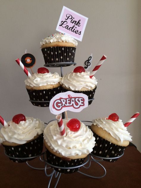 Grease birthday milkshake cupcakes Grease First Birthday Party, Grease Themed Cake, Grease Birthday Cake, You’re The One That I Want Grease First Birthday, Grease Themed Birthday Party, Prom Desserts, Grease Cake, November Party, Grease Themed Parties