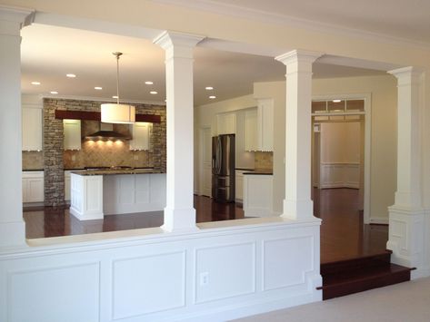 Step Down Family Room Build A Half Wall, Half Wall With Columns, Living Room Kitchen Divider, Wall Between Kitchen And Living Room, Half Wall Room Divider, Half Wall Ideas, Column Ideas, Living Room Divider, Half Walls