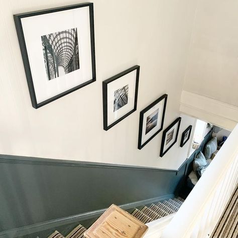 Green Dado Rail Hallway, Sage Green Stairway, Dado Rail Hallway Paint Wall Colors, Staircase Dado Rail, Narrow Hallway Colour Ideas, Sage Hallway Ideas, Closed Staircase Ideas Decor, Hallway Dado Rail, Stairs With Walls On Both Sides