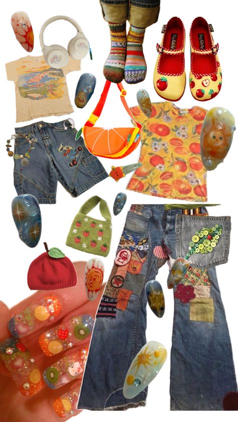 This is a Quirkycore based collage with themes of fruit and stars Maximalist Outfit, On The Floor, Outfit Idea, The Floor, The Creator, Fruit, Collage, Stars