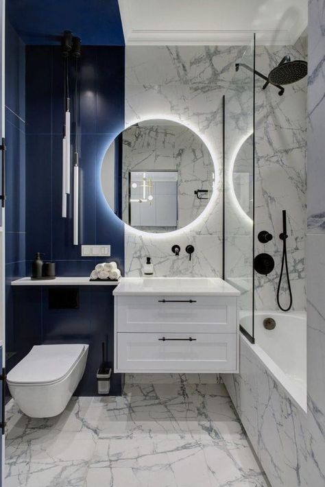 Modern Blue Bathroom, Blue Marble Bathroom, Colorful Bathroom Decor, Color Trends 2024, Color Bathroom Design, Cabinet Trends, Colorful Bathroom, Kitchen Cabinet Trends, Girly Apartment Decor