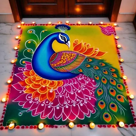 Peacock Rangoli Designs, 3d Rangoli, Mandir Decoration, Indian Rangoli Designs, Dot Rangoli, Very Easy Rangoli Designs, Peacock Rangoli, Alpona Design, Festival Rangoli