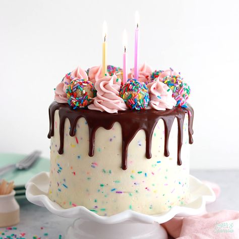 4 Layer Cake Birthday, Dual Birthday Cake Ideas, Sweet One First Birthday Smash Cake, Second Birthday Cake Ideas, Funfetti Buttercream, Chocolate Birthday Cake Ideas, Cake Truffles Recipe, Chocolate Ganache Drip Cake, Small Birthday Cake