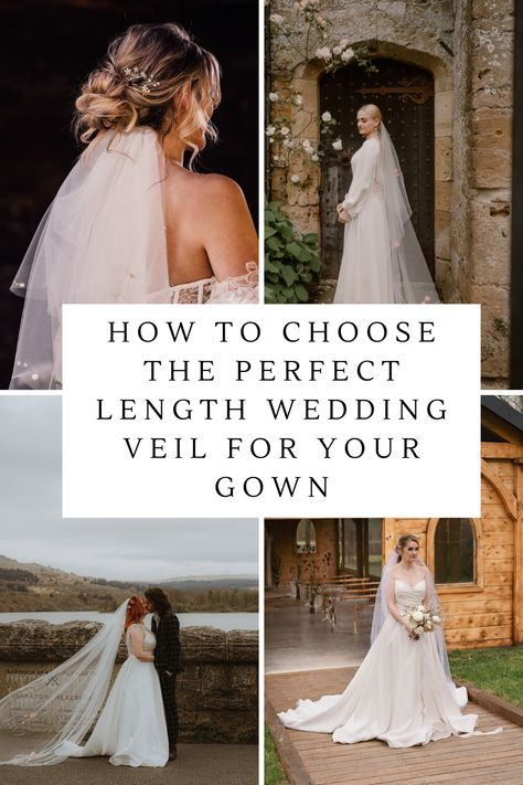 a link to a blog showing how to choose the perfect length wedding veil for your wedding gown. featuring short veils, long veils, chapel length veils and floral veils. What Kind Of Veil Wedding Dresses, How To Choose Wedding Veil, Big Veil Wedding Dress, Trumpet Wedding Dress With Veil, Wedding With Veil Hairstyles, Veil With Silk Wedding Dress, Veils With Satin Wedding Dress, Long Wedding Veil Aesthetic, Veil Lengths Chart