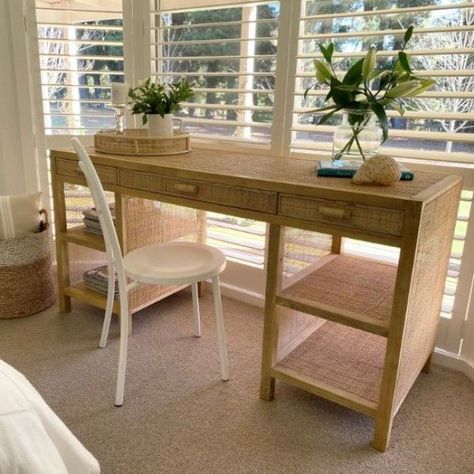 Furniture at OASIS LIfestyle store in Airlie Beach, Whitsundays Rattan Desk, Timber Desk, Hamptons Interior, Coastal Luxe, Beautiful Desk, Small Drawers, Rattan Furniture, Home Office Design, Interior Inspo