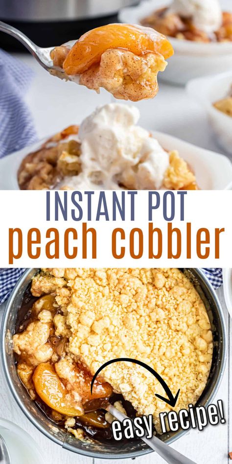 Homemade Peach Cobbler comes together in no time when you use the Instant Pot! With only four ingredients, this is the perfect easy dessert for any occasion. Don't forget the vanilla ice cream on top! Instant Pot Peach Cobbler, Instant Dessert, Cherry Cobbler Recipe, Homemade Peach Cobbler, Cobbler Easy, Pie Bar Recipes, Pot Recipes Healthy, Peach Cobbler Easy, Pot Recipes Easy