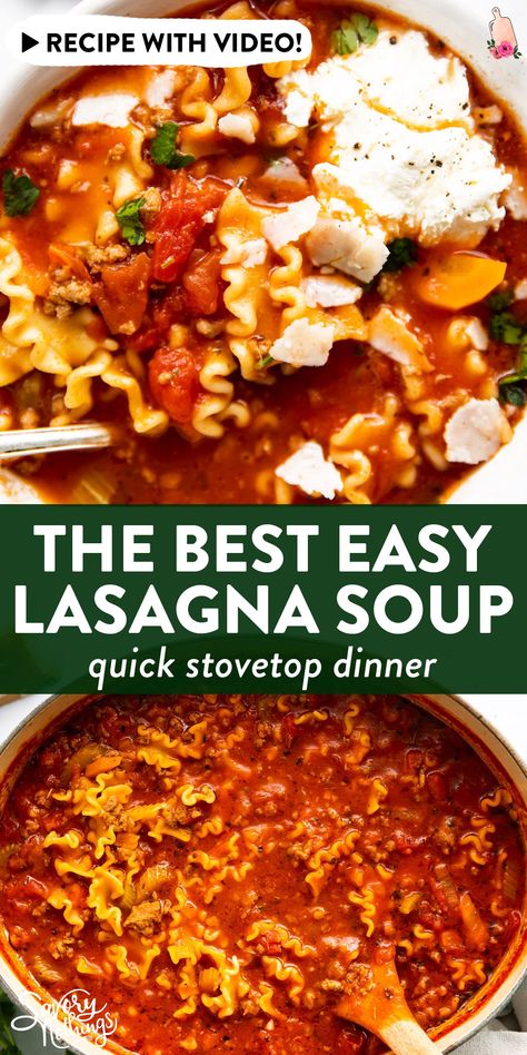 Lasagne Soup, Easy Lasagna Soup, Lasagna Recipe With Ricotta, Lasagna Soup Recipe, Easy Lasagna Recipe, Best Soup Recipes, Lasagna Soup, Hearty Dinner, Easy Soups