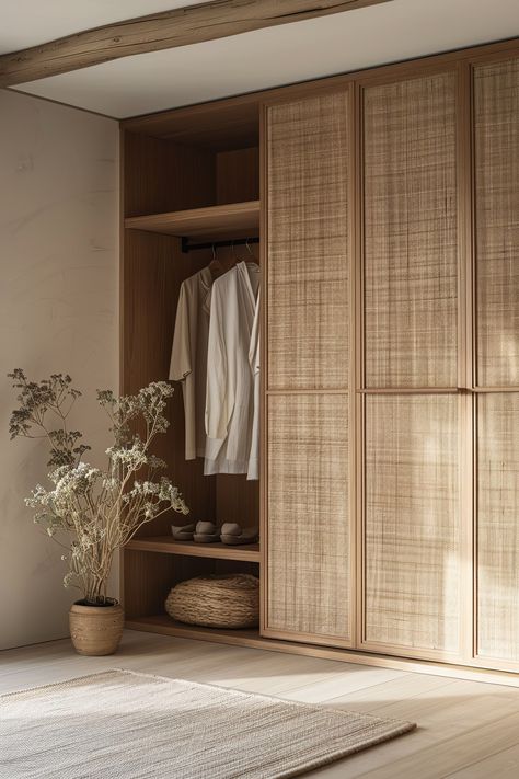 Japanese Bedroom Wardrobe, Minimalistic Wardrobe Design, Japandi Bedroom Door, Japandi Style Wardrobe, Japanese Wardrobe Design, Japandi Hotel Room, Japandi Bedroom Closet, Linen Closet Door Ideas, Japanese Cupboard