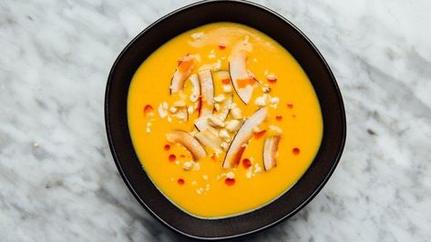 Sweet Potato–Turmeric Miso Soup Recipe | Bon Appetit Miso Recipe, Miso Soup Recipe, Sweet Potato Recipes Healthy, Japanese Sweet Potato, Turmeric Recipes, Stuffed Sweet Potato Healthy, Fresh Turmeric, Unsweetened Coconut Milk, Barefoot Contessa